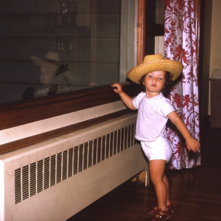 adorable young girl in straw hat by a window